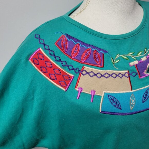 Koret Francisca Shirt Green Embroidered 80s Shoulder Pads Vintage Womens M Tribe - Picture 9 of 9